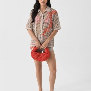 Beige Crochet Button-Front Short Sleeve Top with Orange Accent